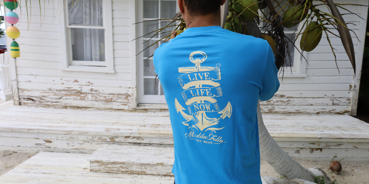 blue long sleeve graphic tee live life now