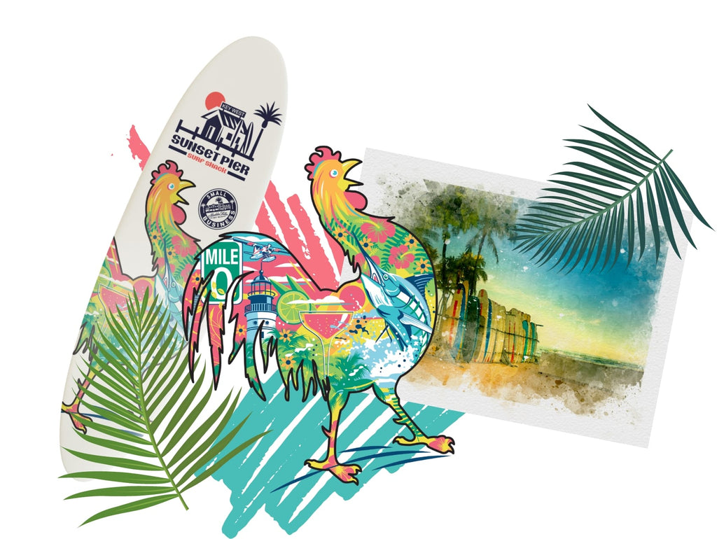 SUNSET PIER SURF SHACK Illustration Chicken Surfboard Palm tree