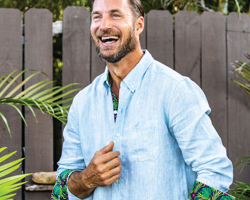 Caribbean Blue/Palm Print ++ men's linen shirt palm print accents on blue shirt