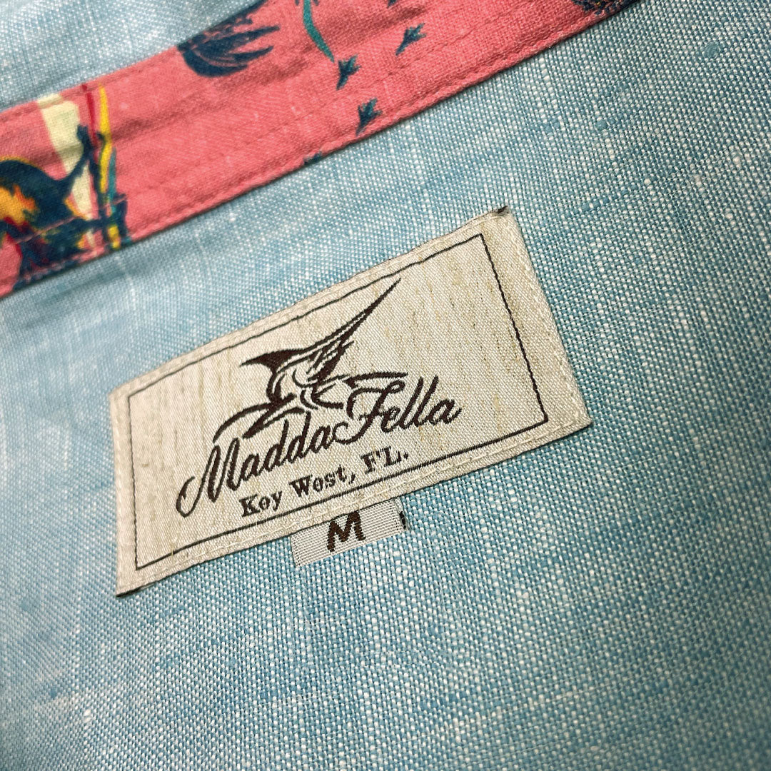 Caribbean Blue/Rooster Print ++ mens light blue linen shirt with rooster accent cuffs