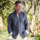 India Ink/Mojito Print ++ mens navy blue linen shirt with mojito print cuffs