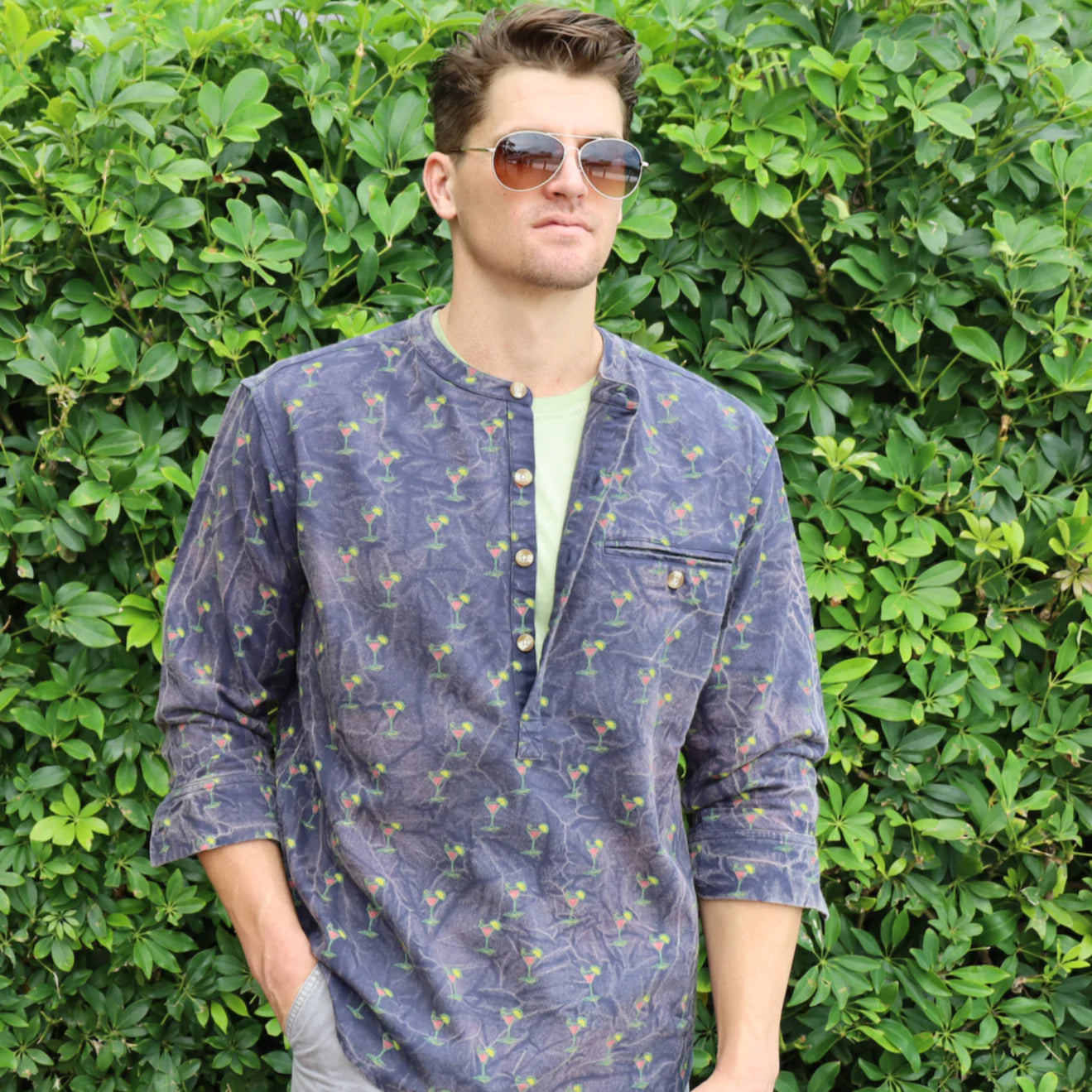 Printed Crushed India Ink ++ Blue Acid Wash and Martini glass print Collarless Shirt Mens