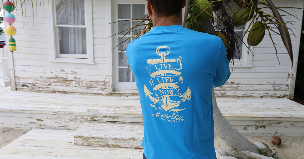 blue long sleeve graphic tee live life now