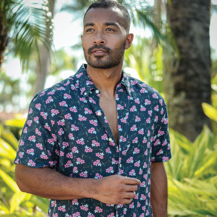 men's short sleeve linen shirt in hibiscus print